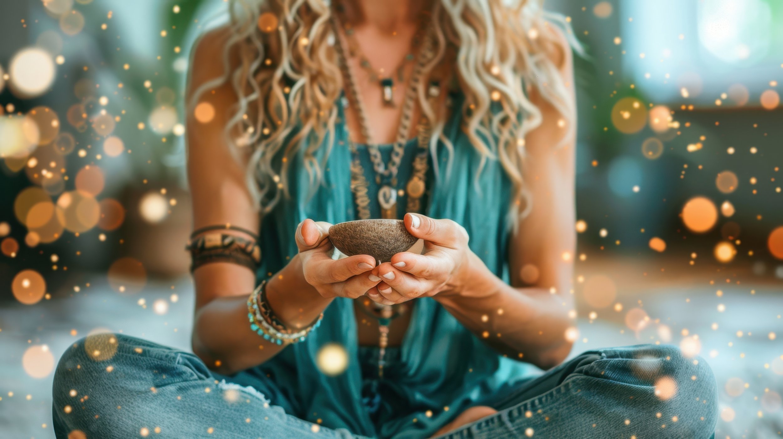 A woman with long curly blonde hair, wearing bohemian jewelry and clothing, is sitting cross-legged and holding a small bowl with both hands, with a blurred background and floating light effects.