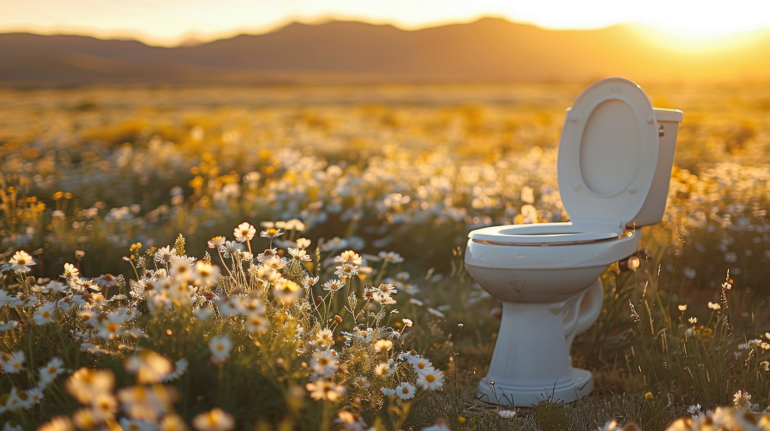 A toilet in a field of daisies during sunset with mountains in the background.