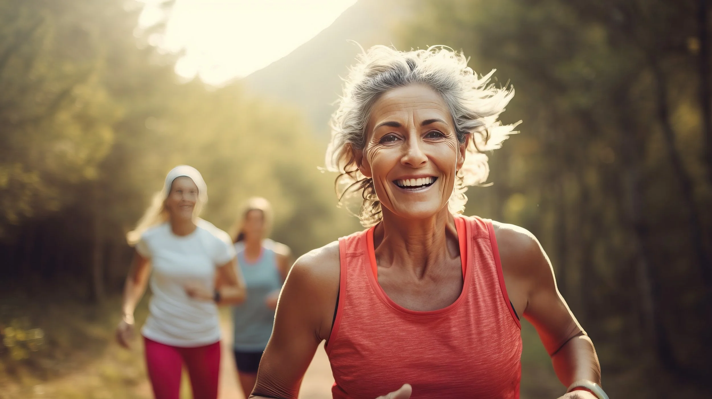 Older woman running outdoors in nature, smiling, with two women jogging behind her in a wooded area during daytime.