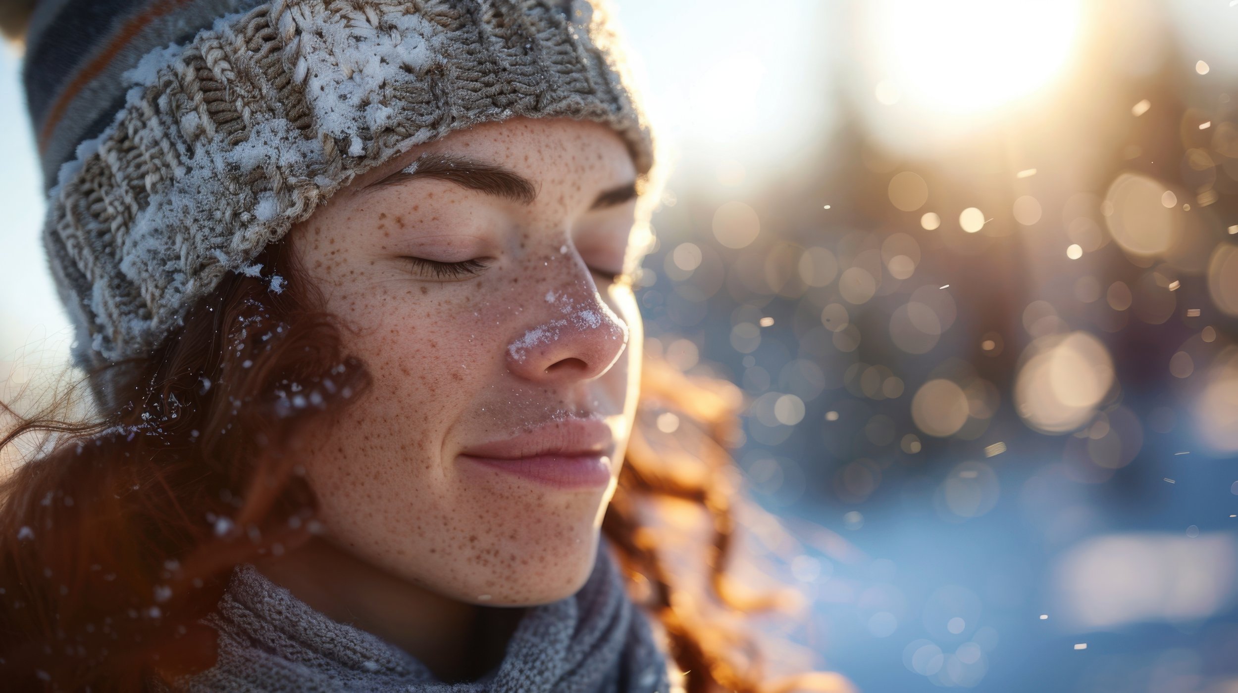 Close-up of a smiling young woman with freckles and closed eyes, wearing a knit hat and scarf, in a snowy outdoor setting with sunlight and bokeh effect