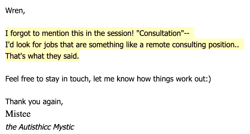 Text excerpt from a letter or email, mentioning a session, consultation, remote consulting positions, and contact information.