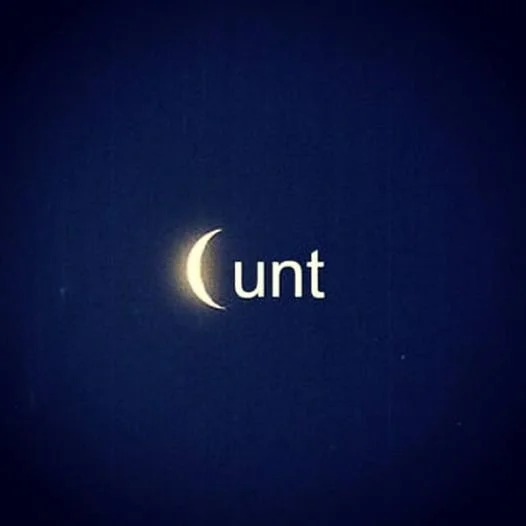 Bright crescent moon against a dark night sky with the word 'cunt' written across it.