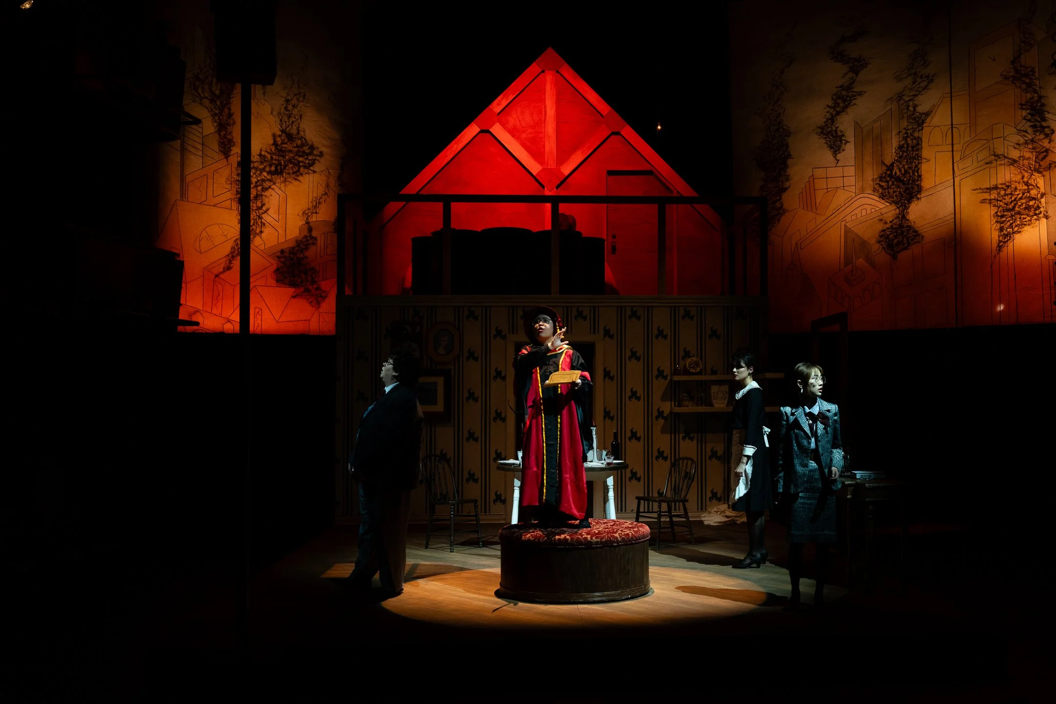 The Arsonists | Lead Paint | UBC 

Ekaterina de Boni, Baltzer Musherure, Miles Davies, Paula Goldie, Yan Ching (Rainbow) Hui; set by Amy Currie, costumes by Teylor Pierre-Corno, lighting by Kaitlyn Fernandes, photo by Javier Sotres