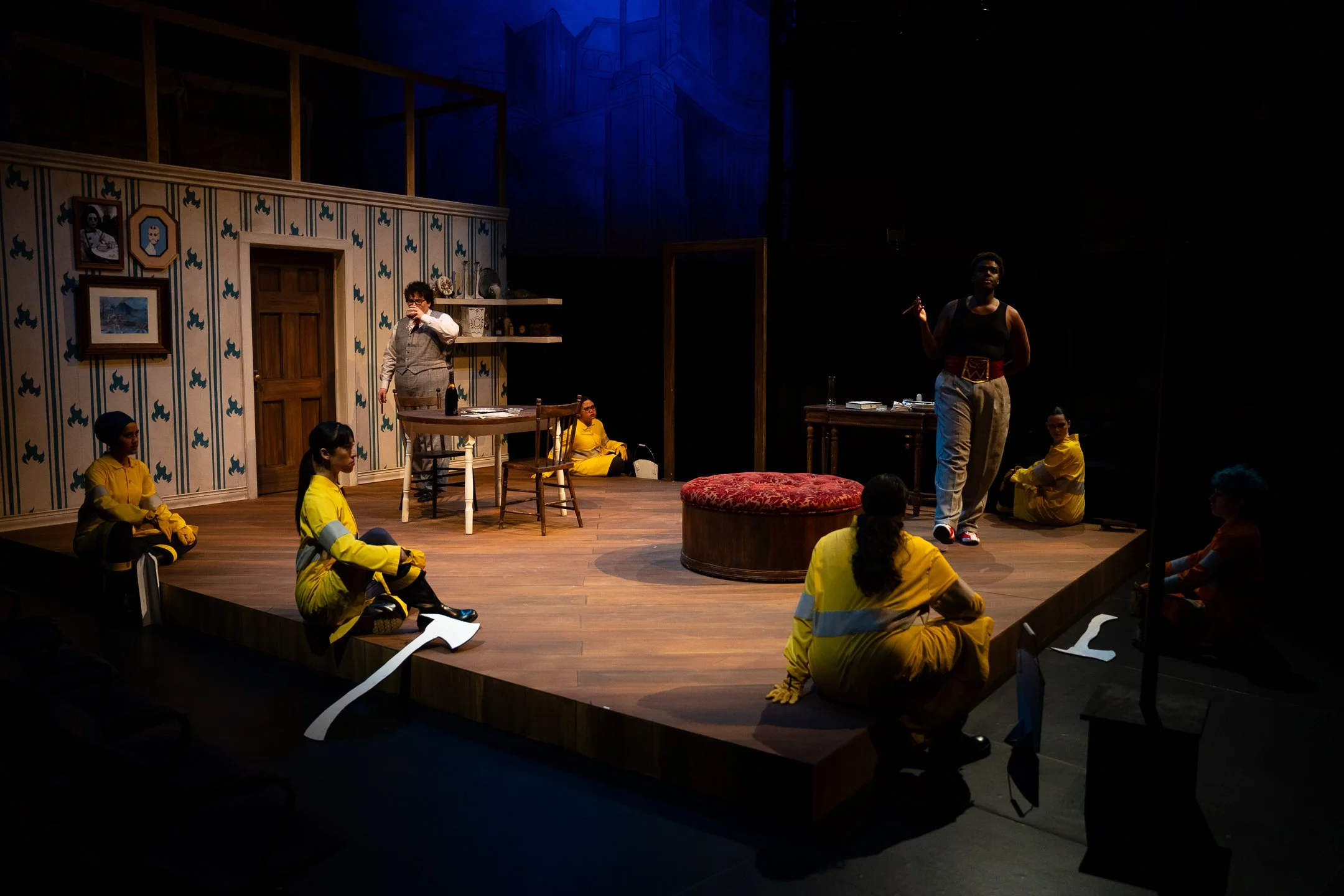 The Arsonists | Lead Paint | UBC 

Ekaterina de Boni, Baltzer Musherure, Miles Davies, Paula Goldie, Yan Ching (Rainbow) Hui; set by Amy Currie, costumes by Teylor Pierre-Corno, lighting by Kaitlyn Fernandes, photo by Javier Sotres