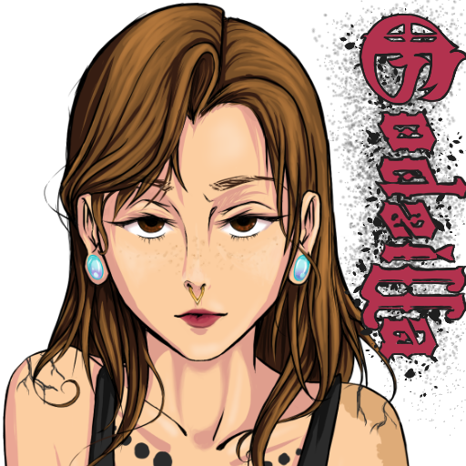A digital illustration of a woman with brown hair, wearing blue earrings and a black top, with red Japanese characters in the background.