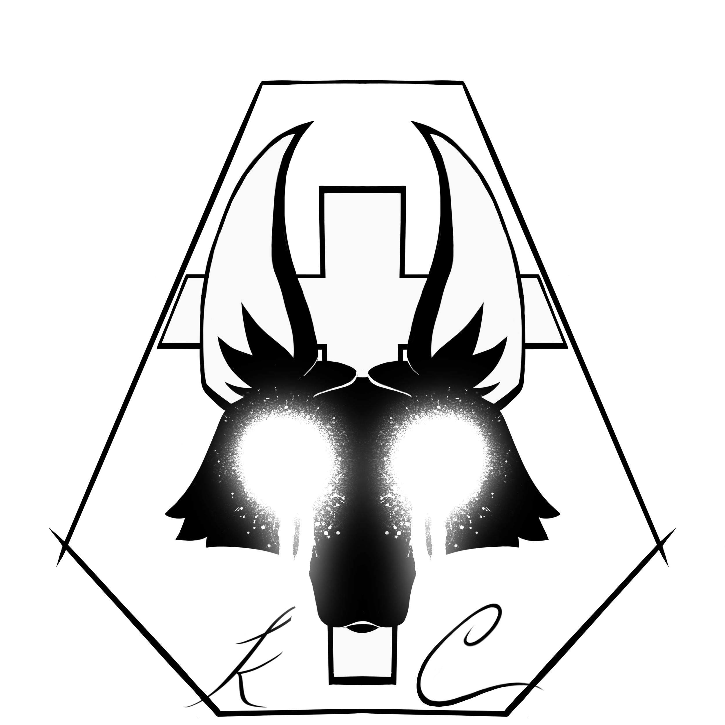 Black and white abstract digital artwork of a lynx with glowing eyes and symmetrical design.