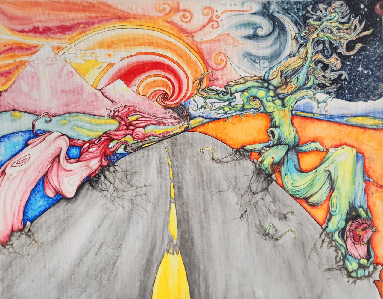 Colorful abstract landscape featuring a cracked gray road with a yellow dividing line, a twisted pink and red mountain on the left, a vibrant green and blue tree on the right, and a swirling sky with elements resembling the sun, moon, stars, and cosmic patterns.
