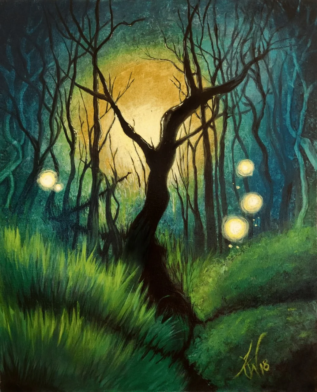 Painting of a dark, twisted tree in a dense forest with green and blue foliage, illuminated by a yellow moon in the background, with glowing orbs floating around.