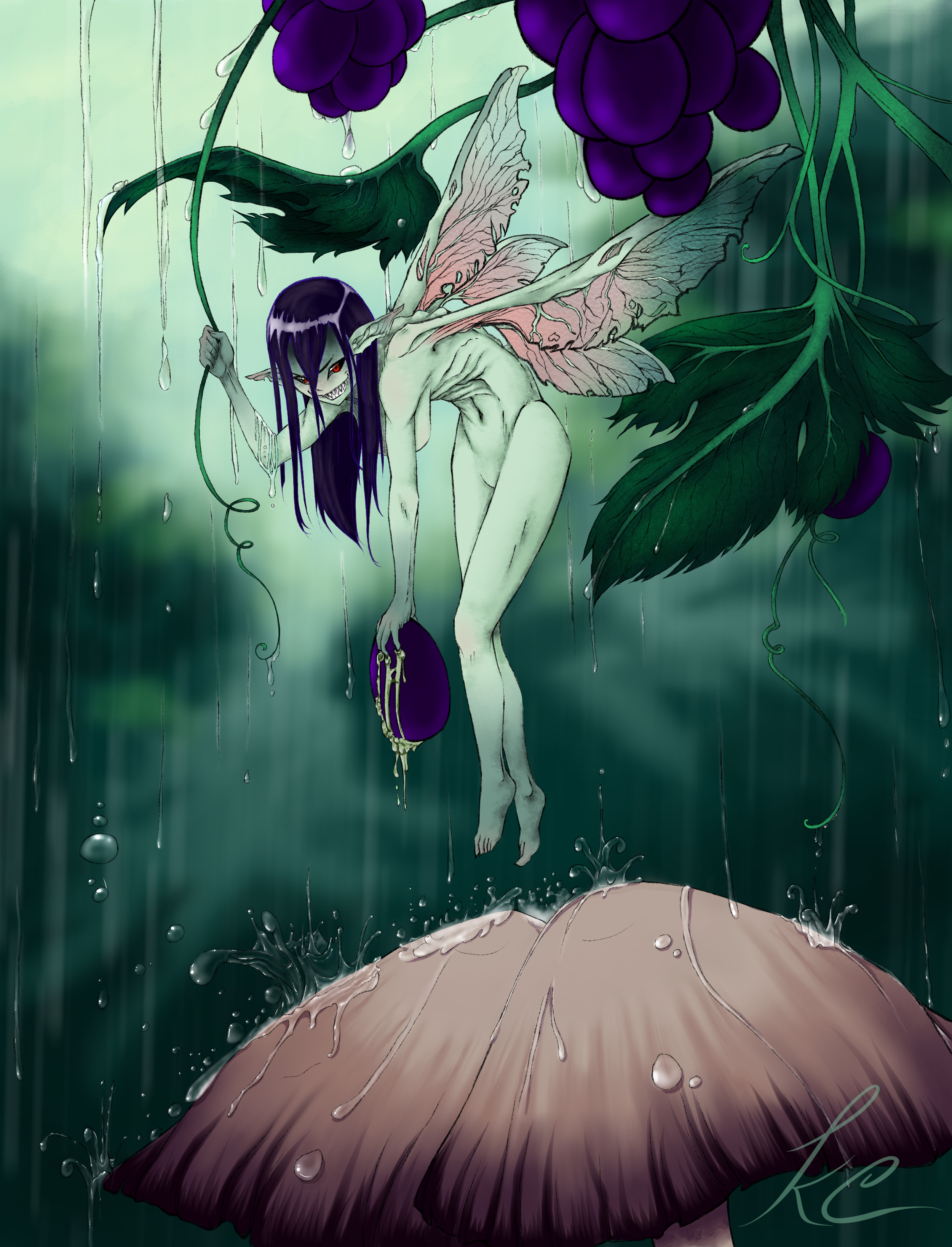 A fantasy creature with fairy wings, dark purple hair, red eyes, and a mischievous grin, hanging upside down from a vine in a rainy forest, holding a purple fruit with a skeleton hand.