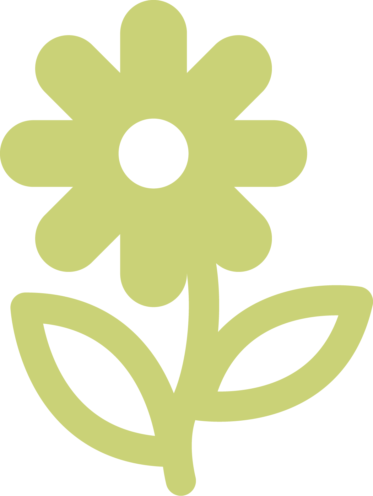 Simple graphic of a green flower with a circular center and two leaves.