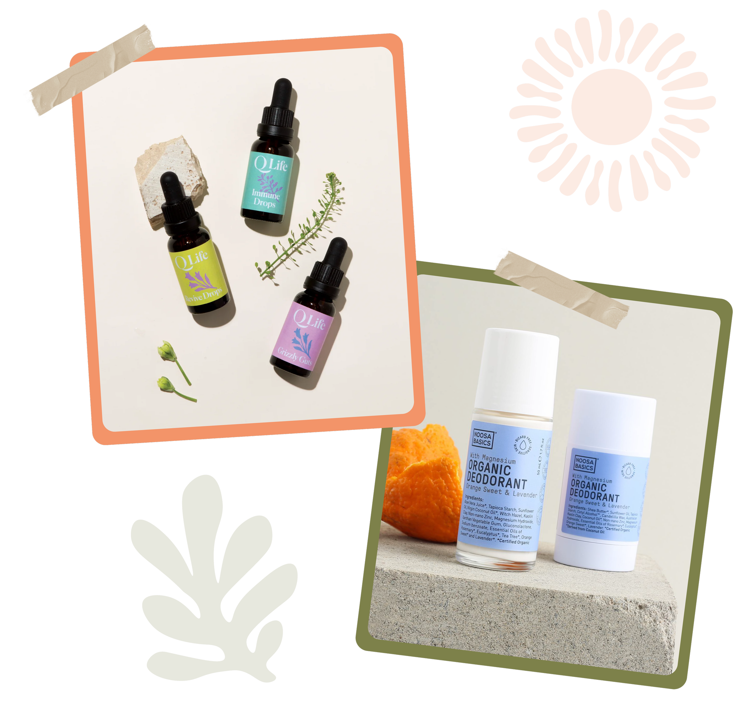 Images of natural wellness products including three bottles of herbal drops labeled 'QLife' in pink, blue, and yellow, and two bottles of organic deodorant with orange and lavender scent, placed on different surfaces with some orange, green, paper elements, and decorative designs around.
