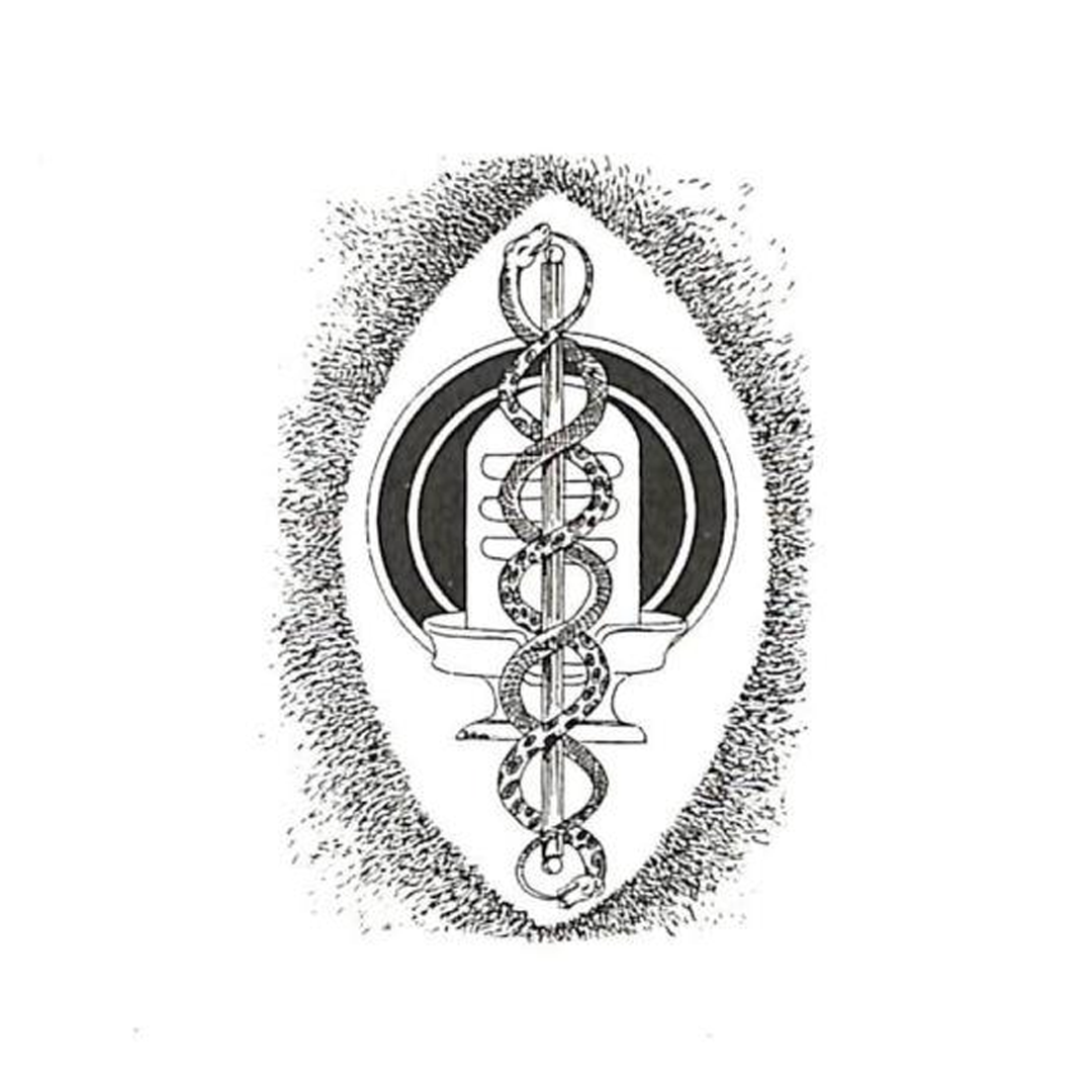 A black and white illustration featuring a central caduceus symbol with a staff entwined by two snakes, positioned in front of a circular backdrop with two candle-like structures on either side. The illustration is enclosed within a textured oval-shaped border.