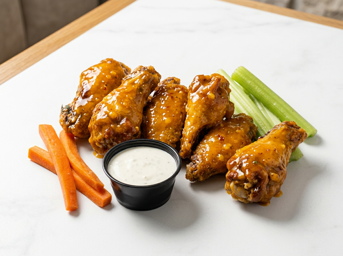 Buffalo chicken wings with celery sticks, carrot sticks, and ranch dipping sauce on a white plate.