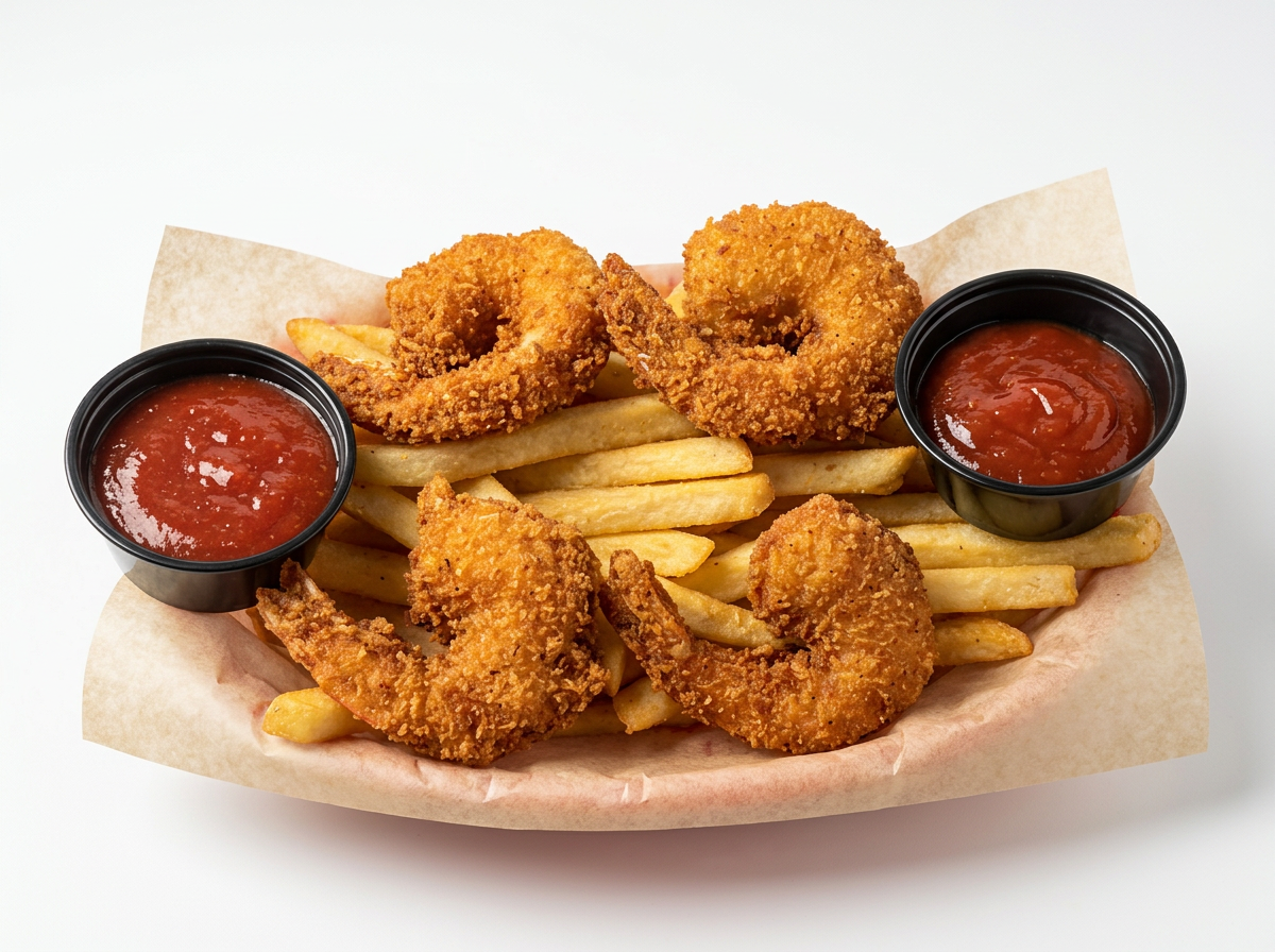 Fried shrimp, French fries, two small containers of ketchup on a tray lined with paper