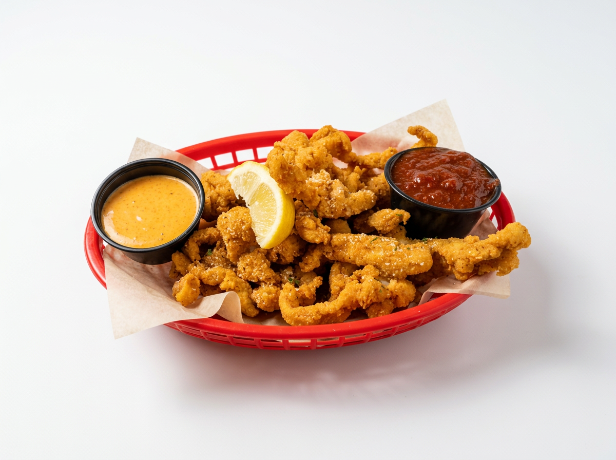 Fried calamari served in a red basket with lemon wedge, marinara, and cocktail sauces on a white background.
