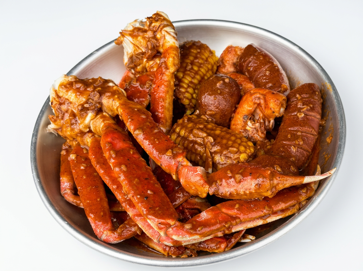 A bowl of cooked seafood, including crab legs and shrimp, all covered in a tomato-based sauce.