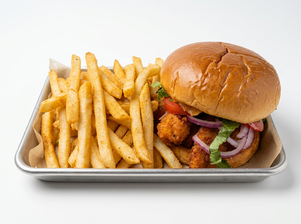 French fries and a fried chicken sandwich with lettuce, tomato, and onions on a bun, served on a metal tray with parchment paper.