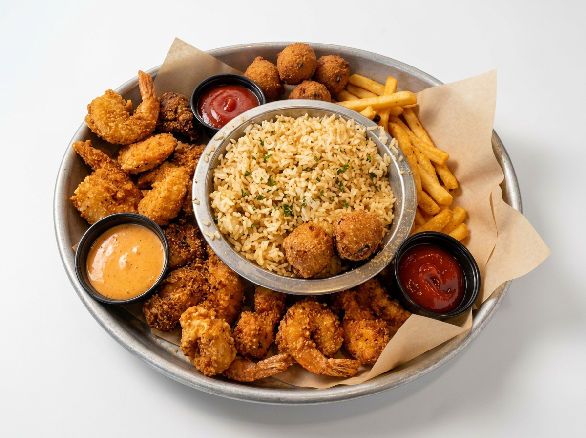 Mixed fried foods with rice, French fries, sauces, and various fried appetizers on a metal tray with parchment paper.