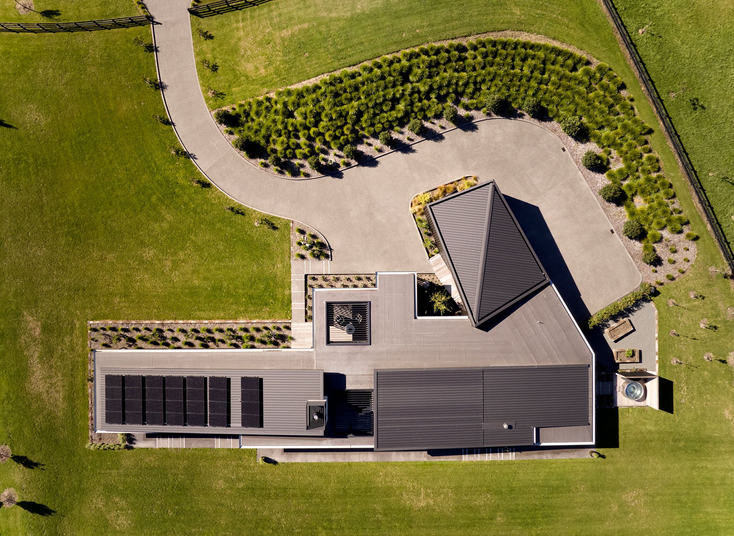 Intricate roofline with solar panels