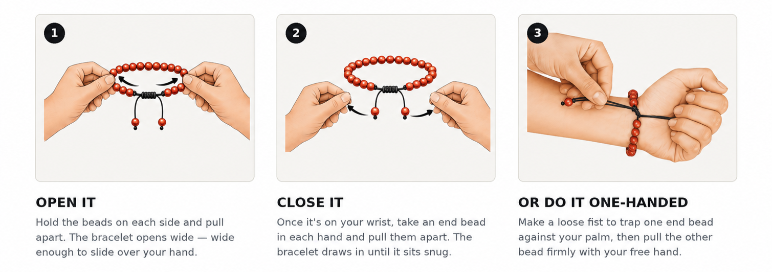 Step-by-step instructions displaying how to put on a beaded bracelet. The steps include opening the bracelet, closing it on the wrist, or doing it one-handed by creating a loose fist to grab the bead.