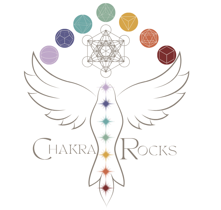 Chakra Rocks Logo -  a stylized dove with rainbow-colored chakras along its body, above the text "Chakra Rocks," with various geometric shapes and symbols representing different chakras circling above the dove's head.