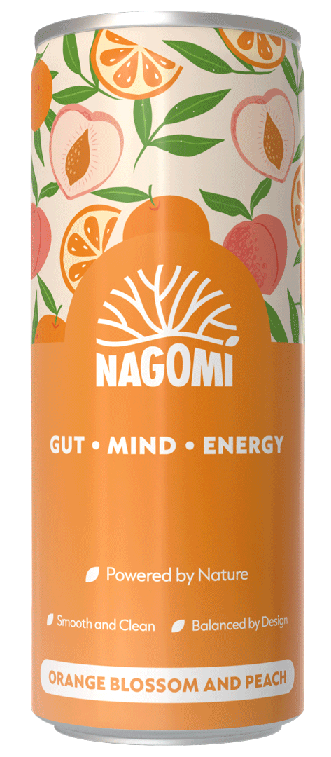 Can of refreshing orange blossom and peach made by Nagomi. Lightly carbonated.