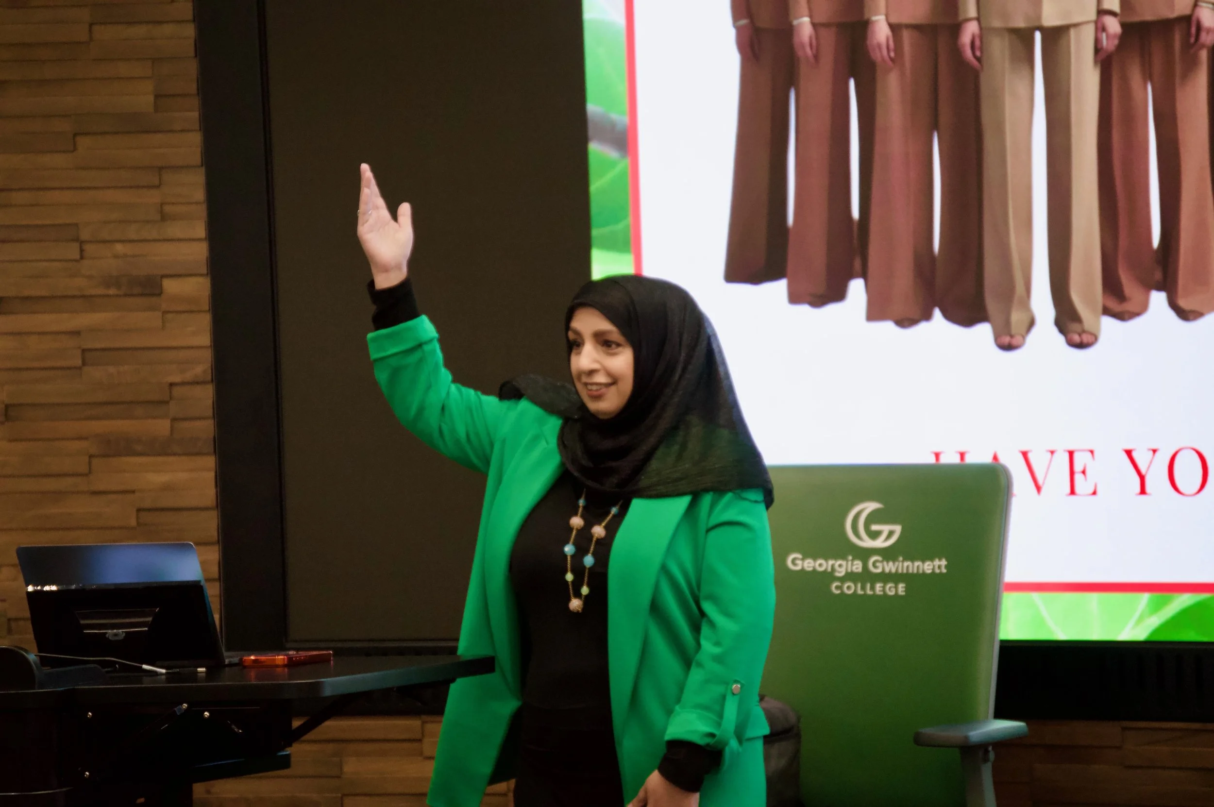 Iram Mehal speaking at Georgia Gwinnett College to the Empowering Business Women of Tomorrow student organization.