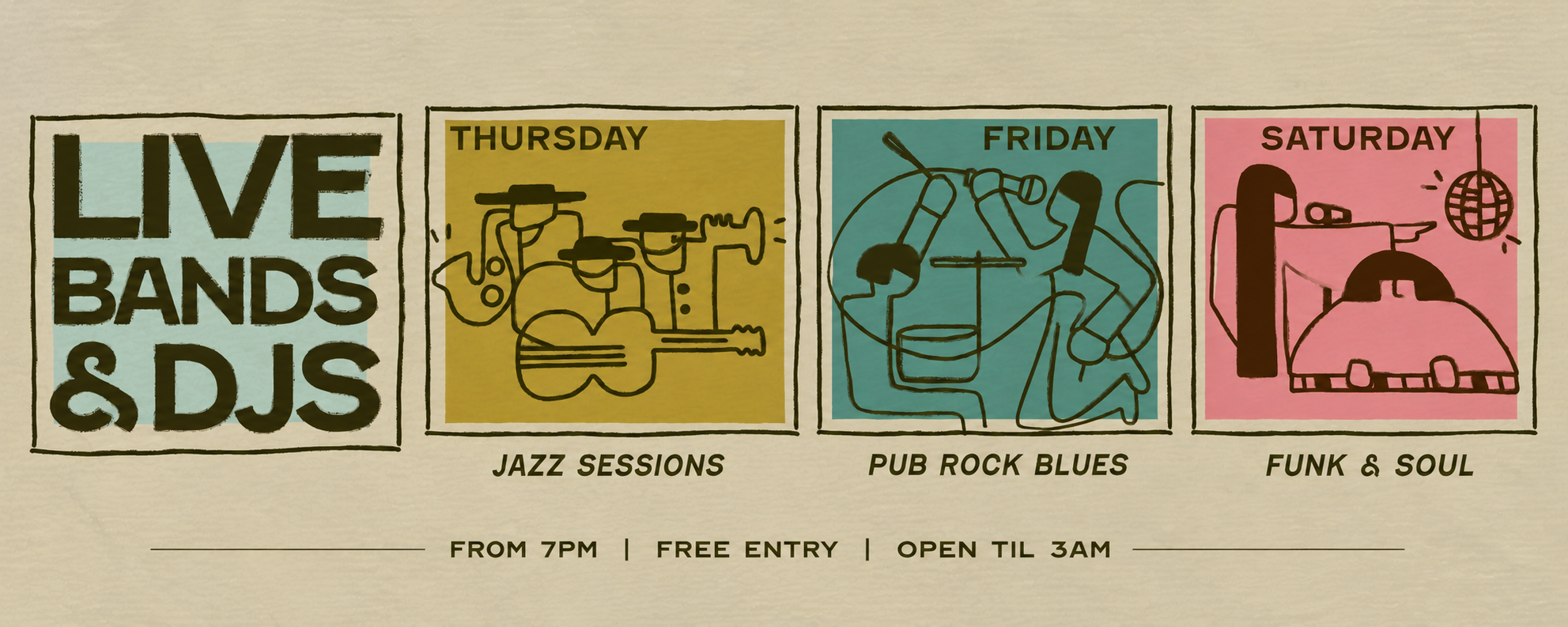 Empire Hotel's weekly live music program with Jazz, Pub Rock & Blues, and Funk Soul bands and Dj's