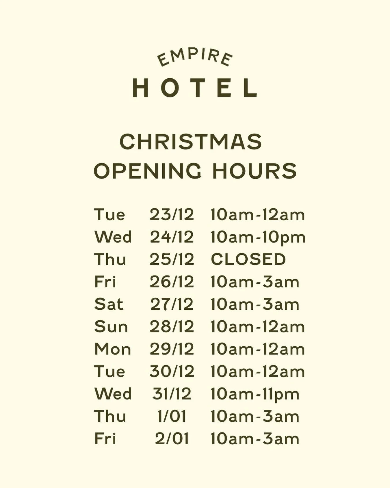 Looking for holiday opening hours in Annandale
Empire Hotel Annandale is open this festive season.
Check our opening hours below.