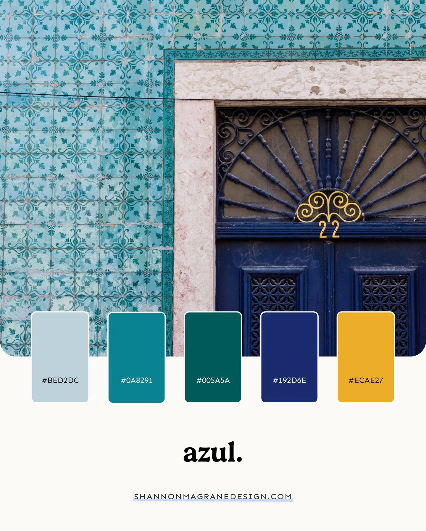 One of the many snapshots that made me fall in love with Lisbon. We walked the streets for days &mdash; with no plan other than admiring the storefronts and tiles. 

This palette is inspired by those sunny days staring at azulejos. Keep swiping for a