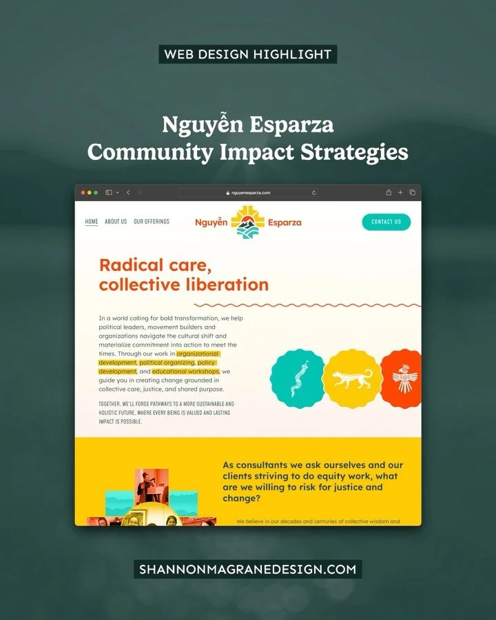 Throwback to the freelance design project that has made me embrace color the most 🤩 Check out the website &mdash; nguyenesparza.com

This web design is for a consultant collective on a mission to empower radical care and collective liberation. Helpi