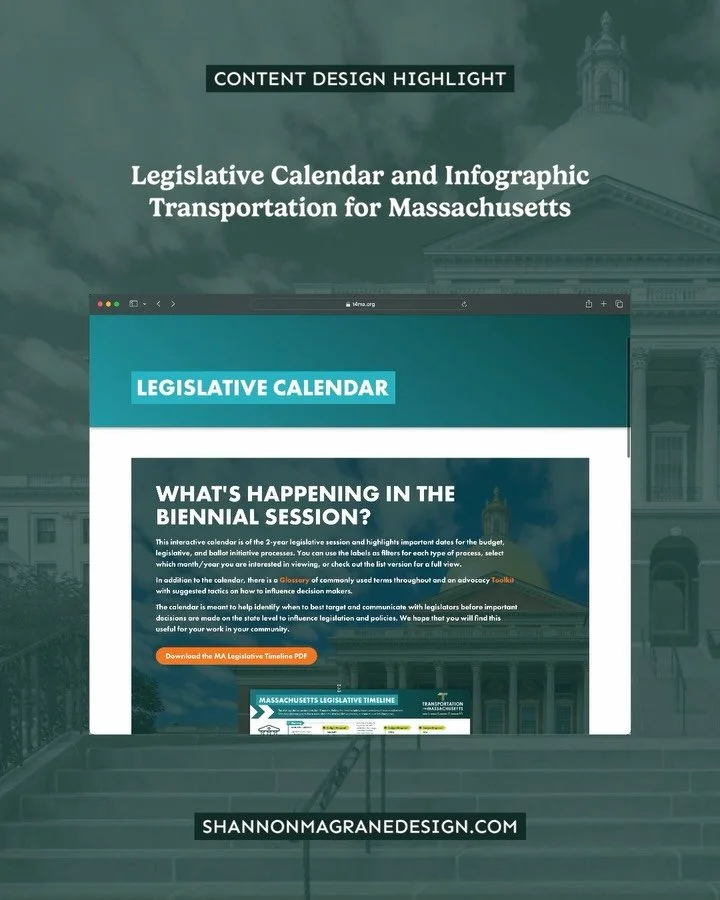 Fresh look for a content design client from years ago. T4MA wanted to update a legislative calendar pdf I created in 2022 (since then they have had a rebrand and new website). 
Here’s what I created to help them engage with their members and c