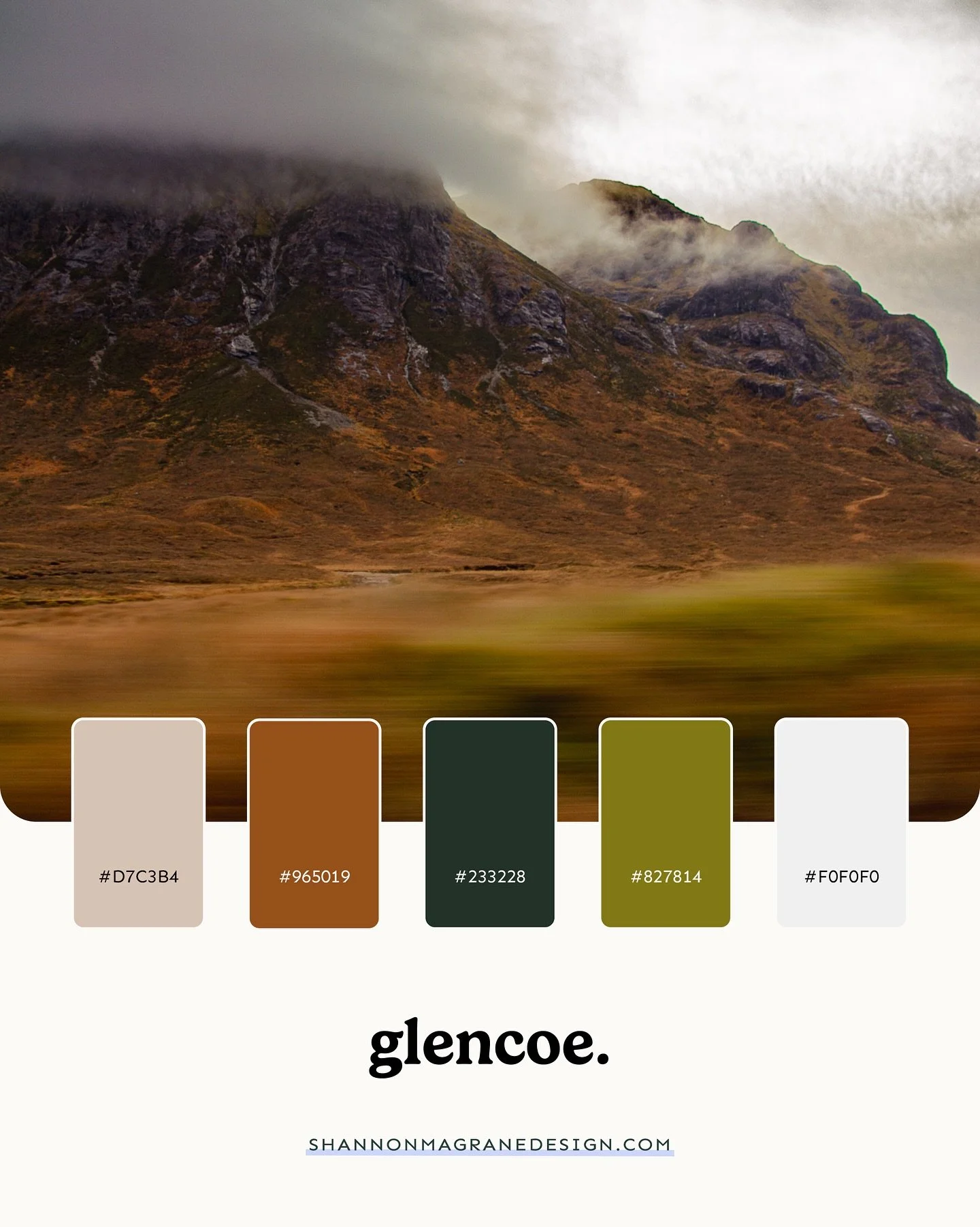 Perfect color palette for a rainy day ☂️ inspired by the drive from Glasgow to Fort William, Scotland. Why pigeons? Cus our friend in Glasgow loves pigeons and why not — they’re kinda beautiful. 
Save this post for whenever you’re
