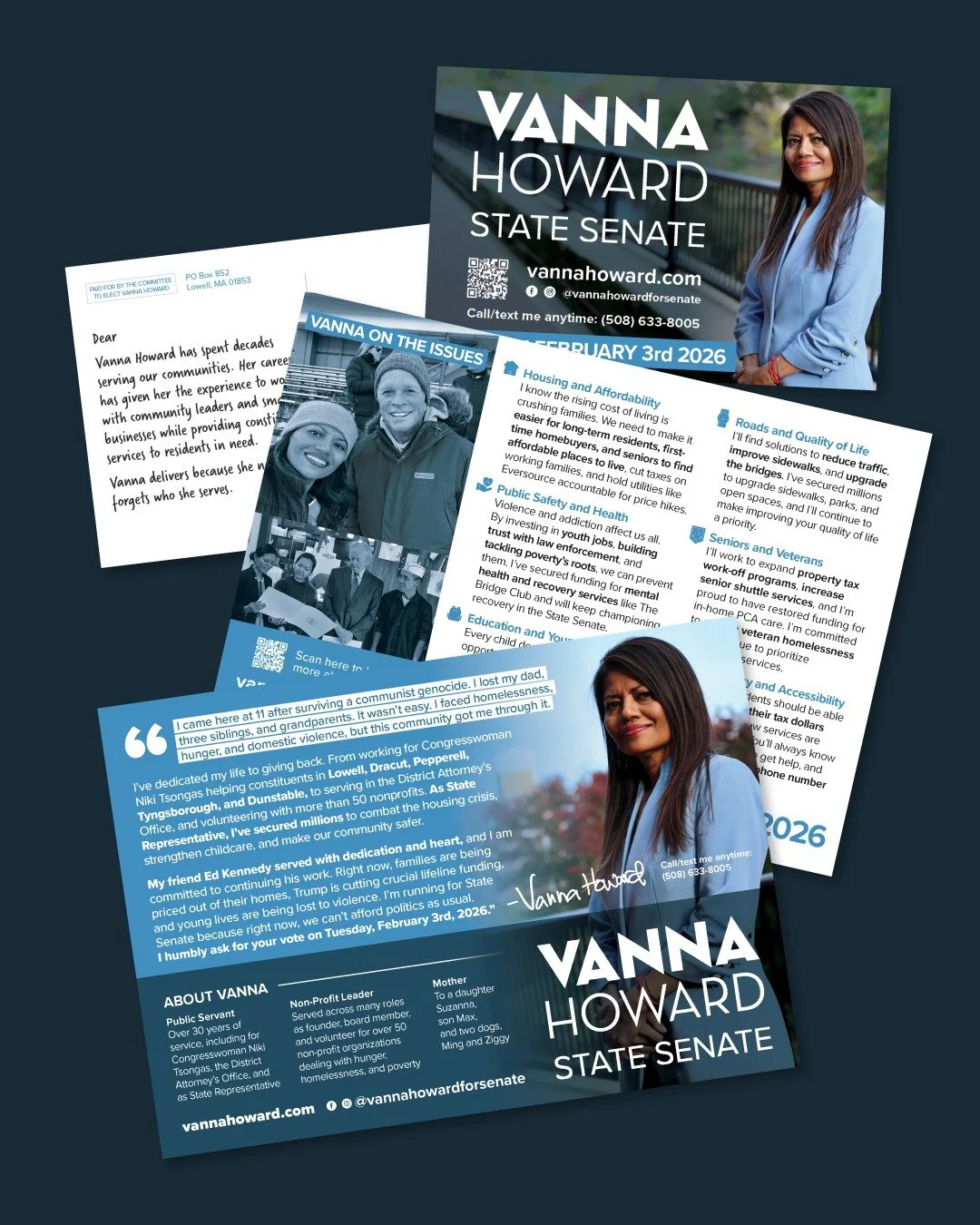 Campaign literature design for Vanna Howard for State Senate ☑

Vanna is a dedicated public servant, non-profit leader and mother. As State Representative, she has fought for her community. She's running for State Senate in the 1st Middlesex district
