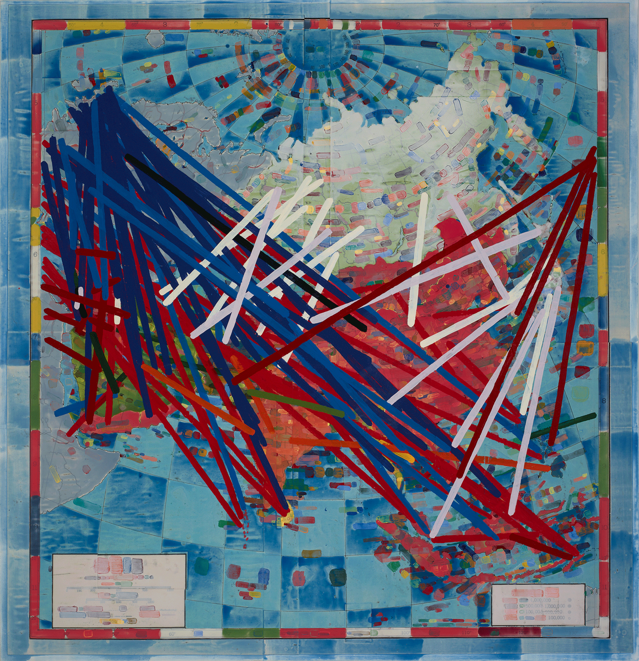 Dan Mills, Painting, Colonizing in Asia Since 1400, 2021-23, acrylic, ink, and color pencil on paper laid down on board, 74 x 71 x 2 ¼ inches