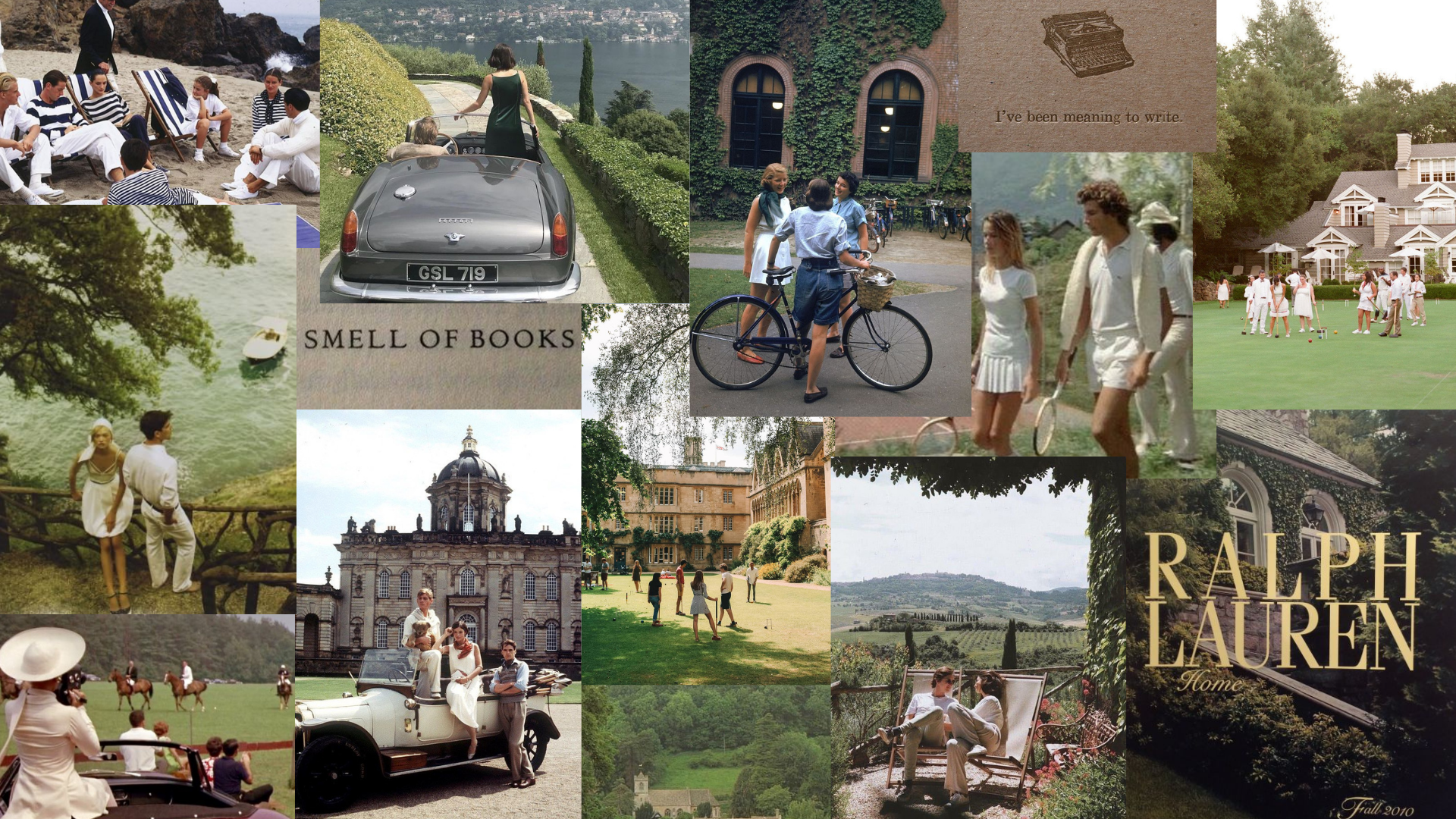 Collage of vintage and elegant scenes, featuring group beach outings, classic cars, bicycles, polo matches, croquet games, scenic landscapes, ivy-covered buildings, and text about books and writing. Includes a prominent "Ralph Lauren" logo.