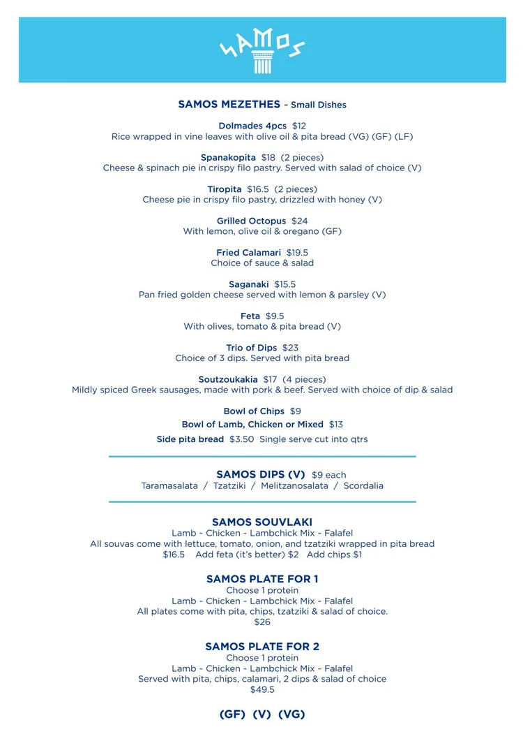 Menu — Samos Souvlaki, Bar & Kitchen