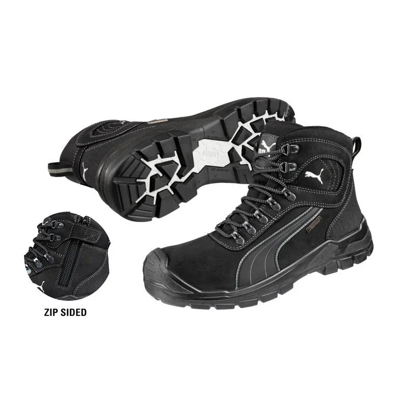 Black hiking boots with rugged soles and a side zipper, with a zoomed-in view of the side zipper feature.