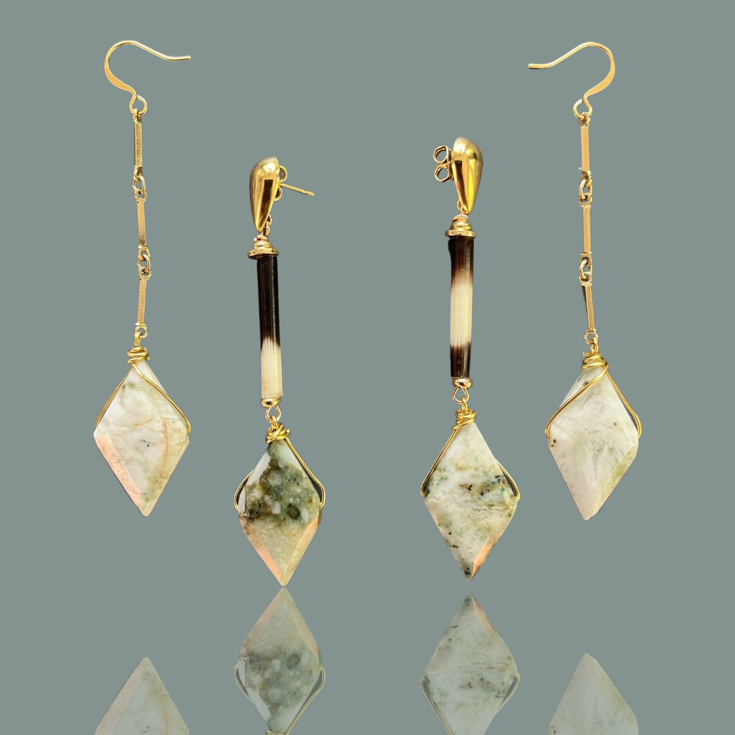 Pair of earrings with gold hooks and geometric stone pendants