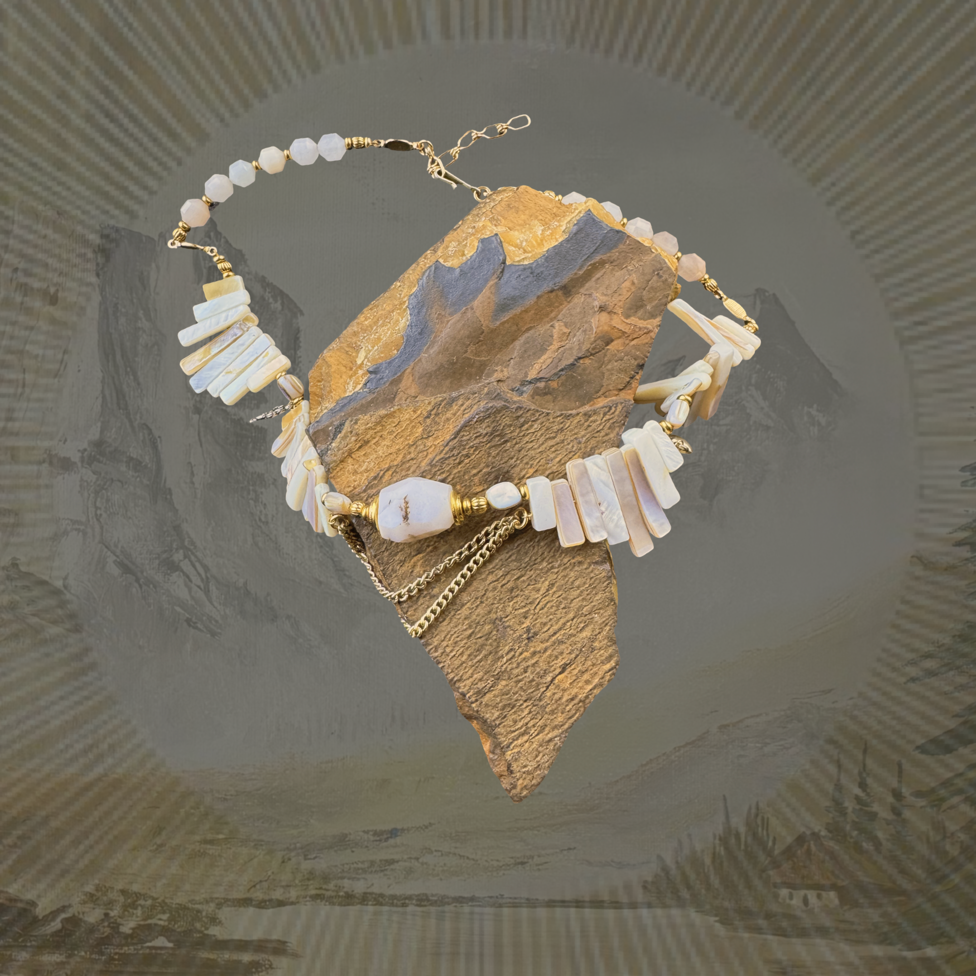 Natural Abalone Collar Necklace with Pink Opal & Peach Chalcedony | Heart & Key Charm Necklace