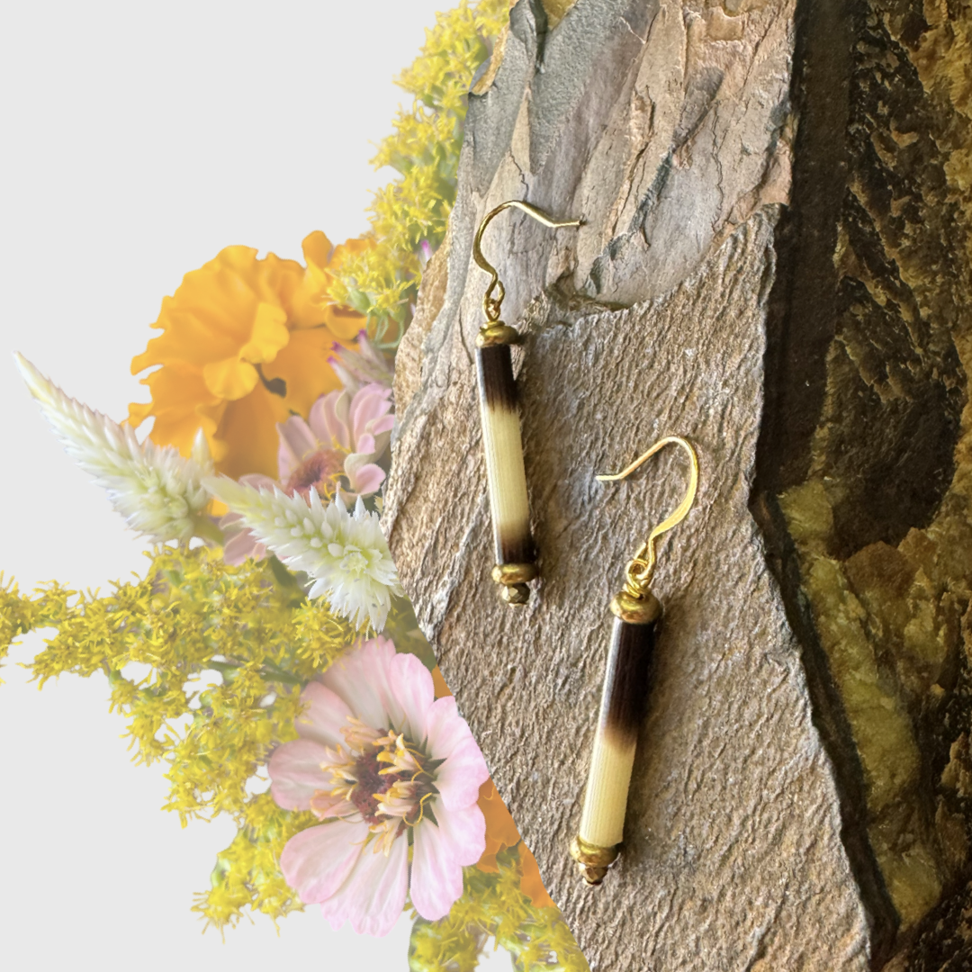Natural Porcupine Quill Earrings with Gold Detail | Black & White Animal Pattern Jewelry