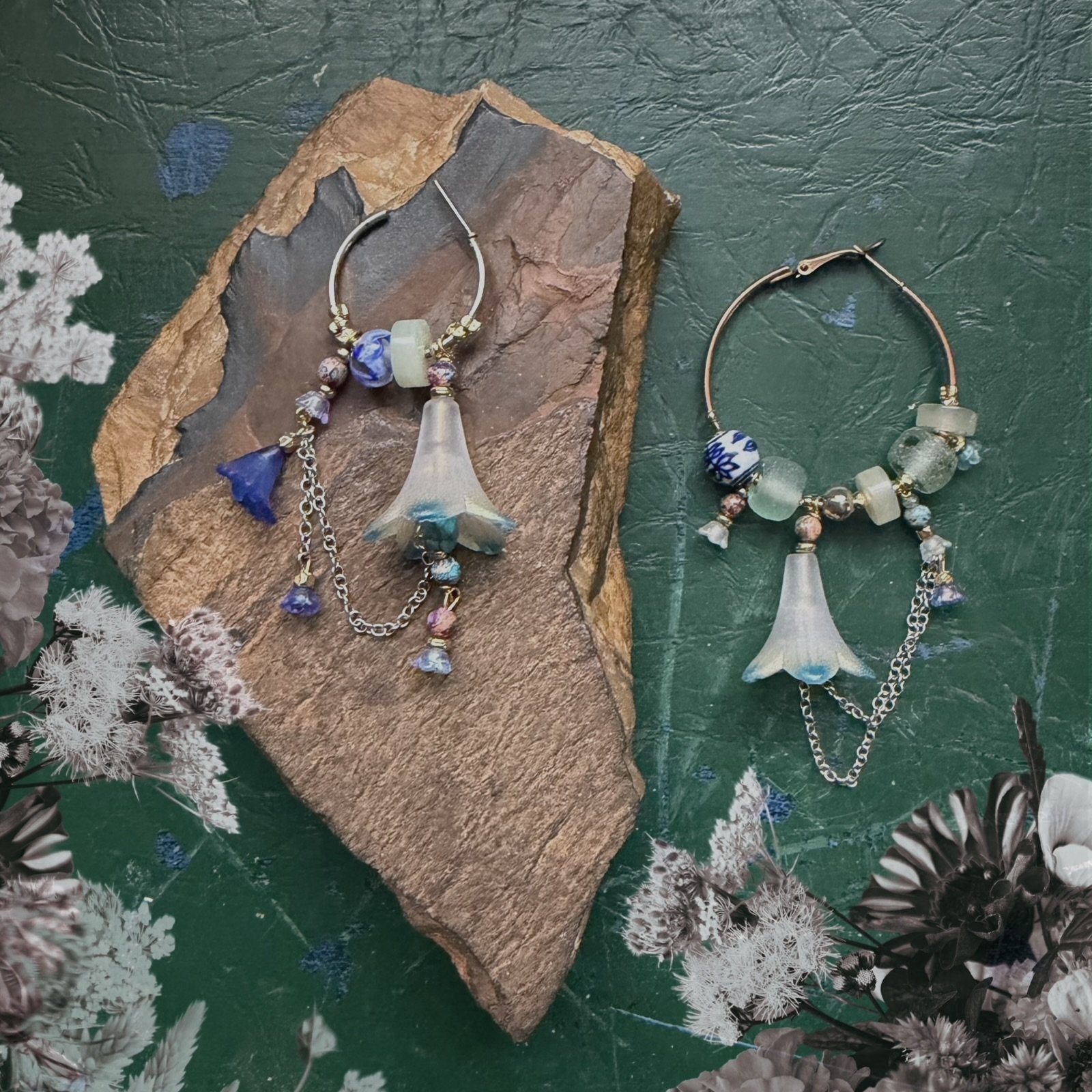 Blue Flower Hoop Charm Earrings