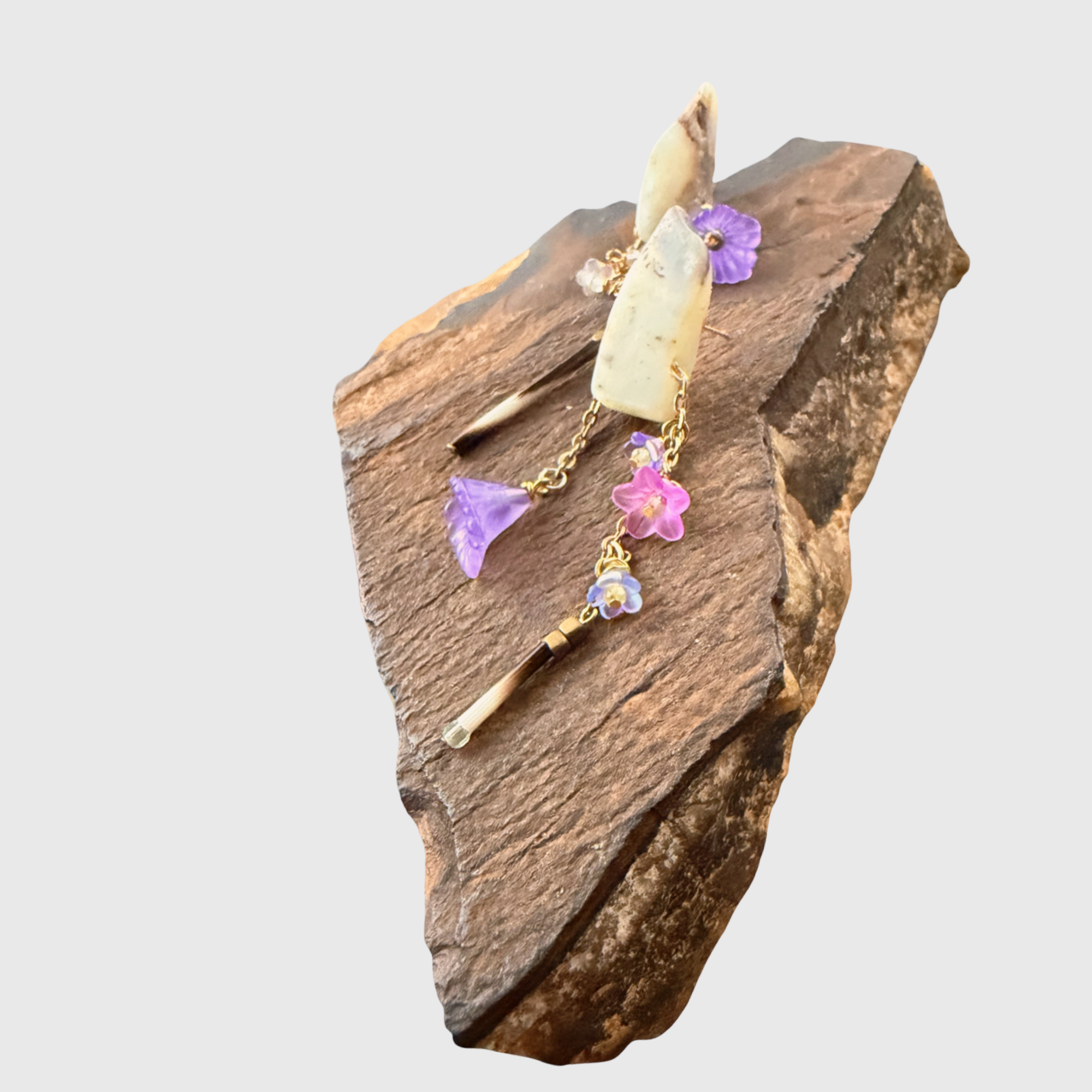 Blue Opal earrings with purple flowers + quills