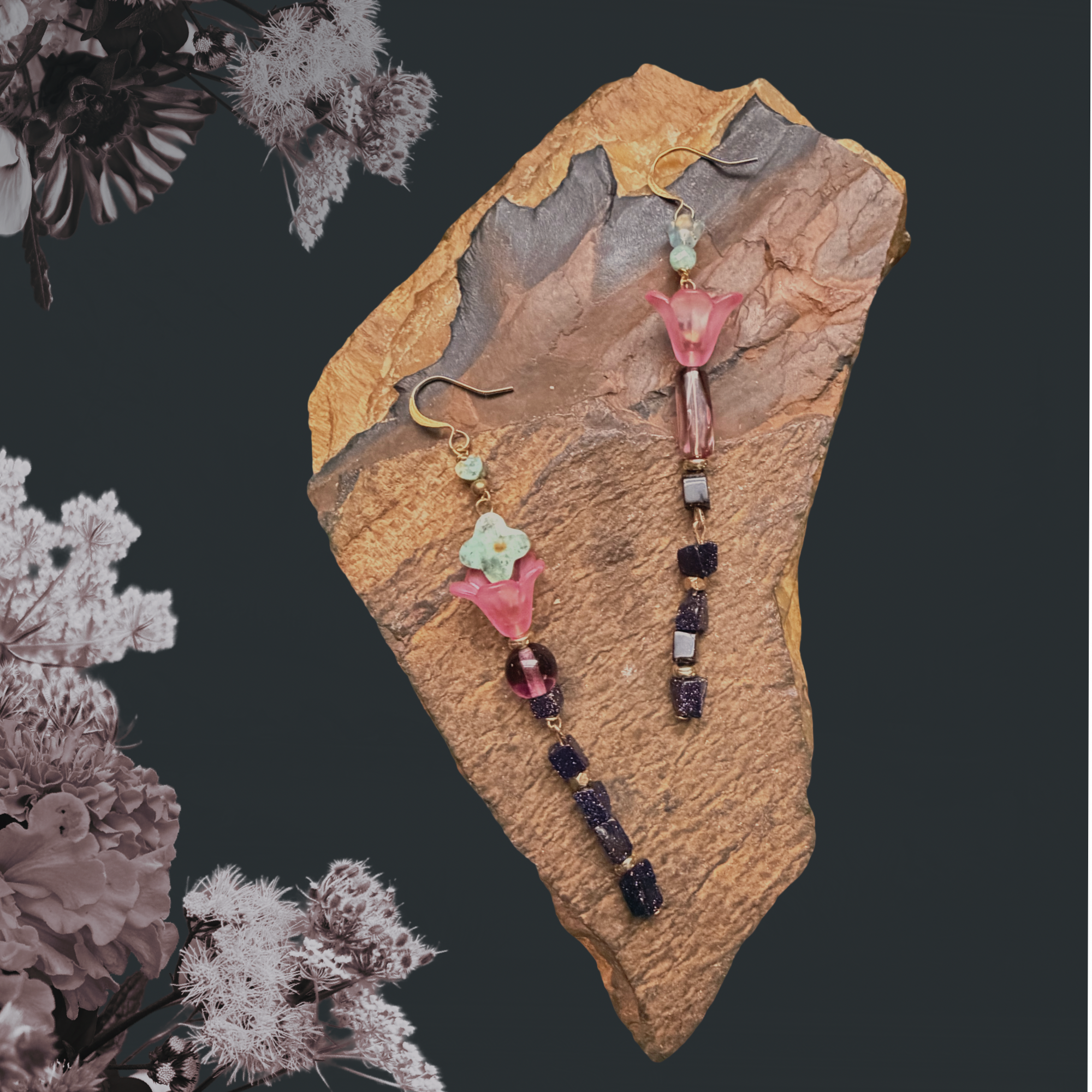 Pink Blue Goldstone Tulip Earrings