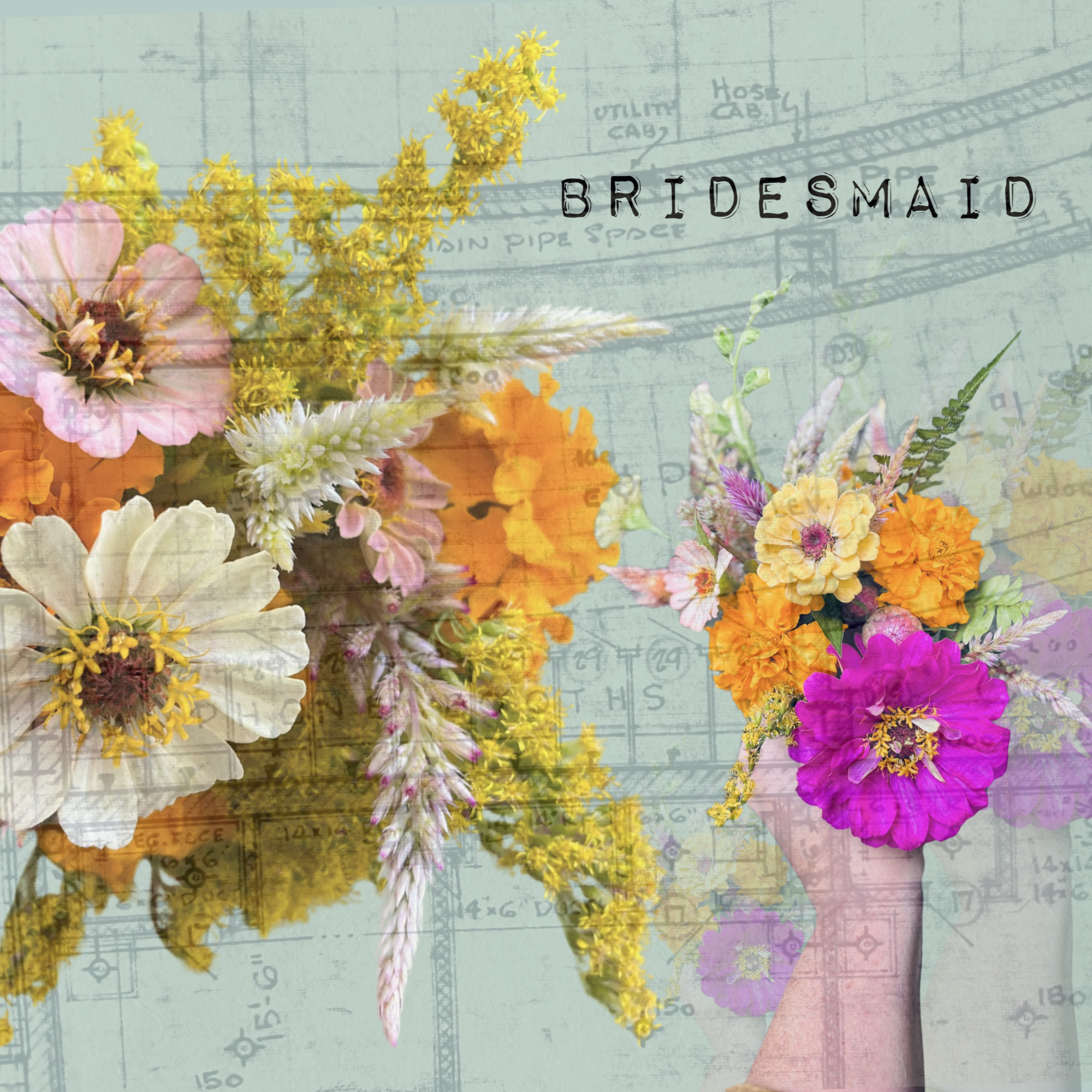 Colorful bridal bouquet with flowers and 'Bridesmaid' text on a textured background.