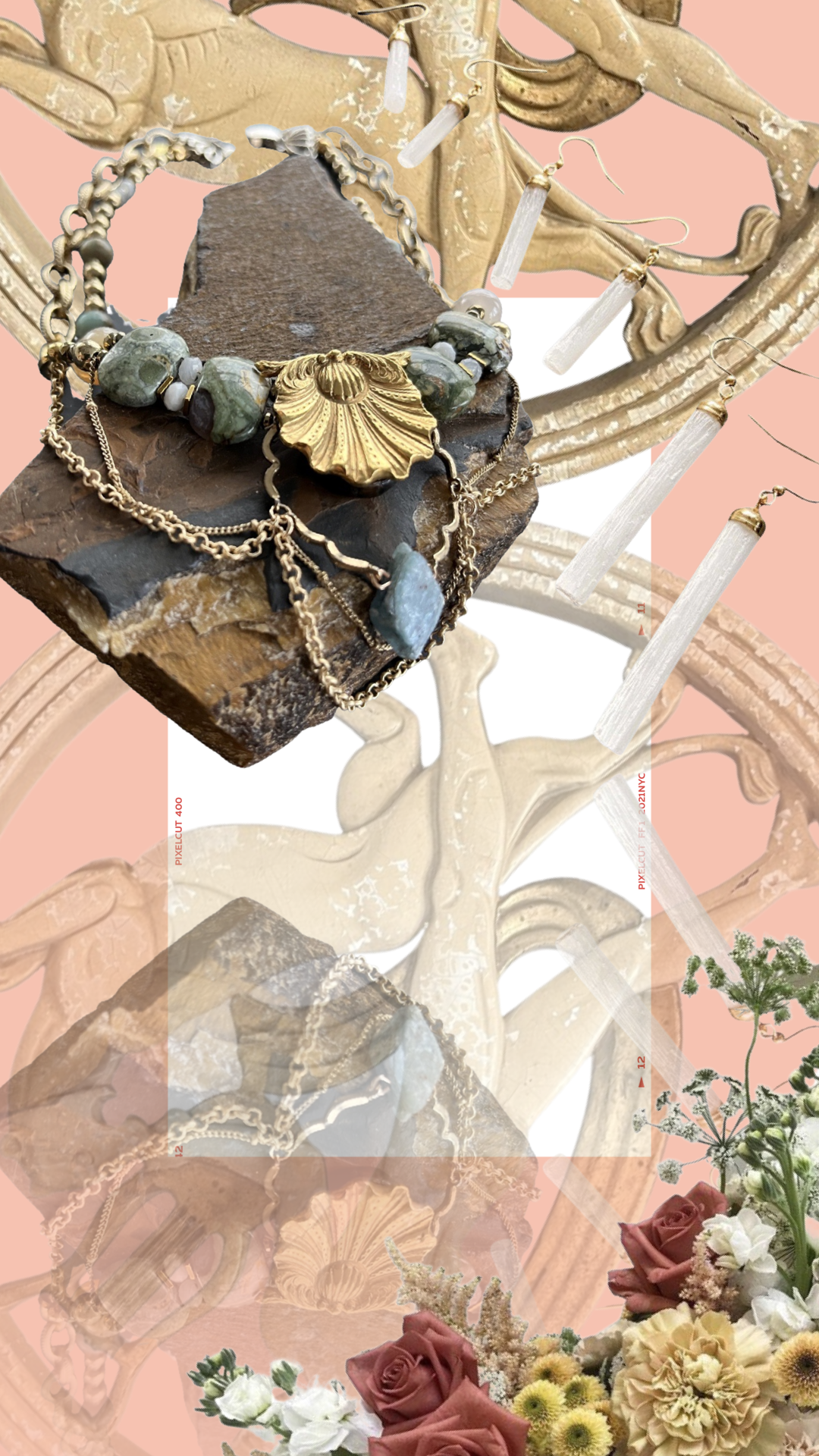 Collage of jewelry with gold chains, semi-precious stones, and earrings. Background includes floral and ornate patterns.