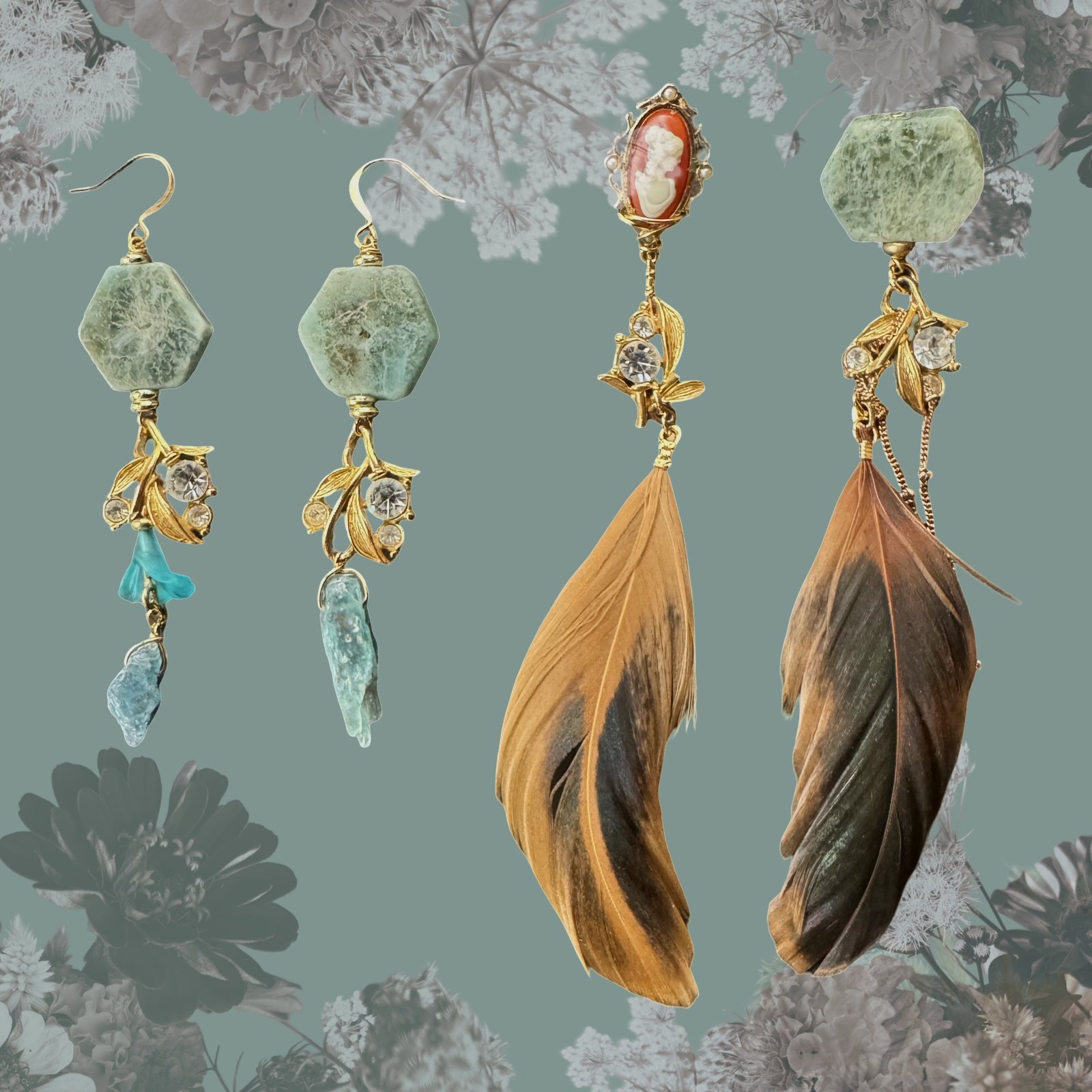 Aquamarine Flower Feather Earring + the Cameo Feather || Single earring collection