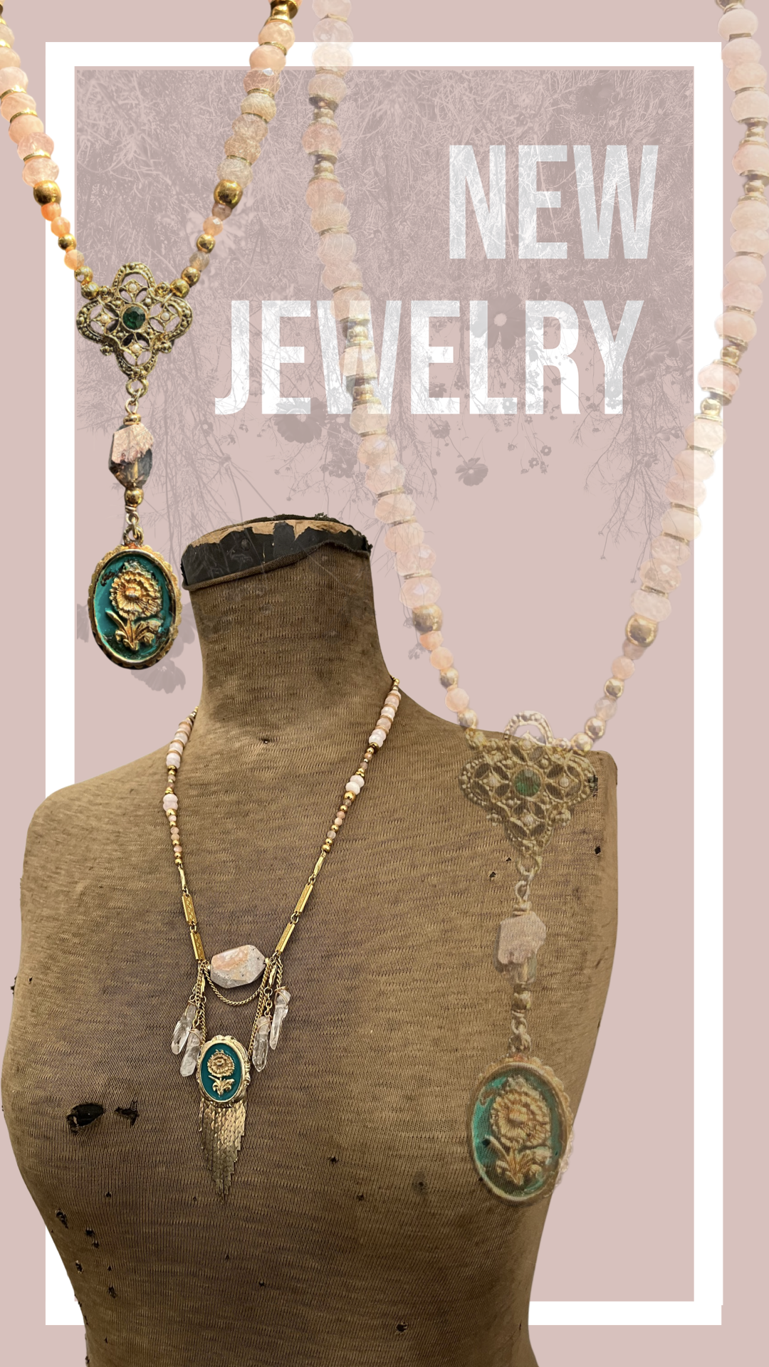 Vintage-style necklace display on mannequin with "New Jewelry" text