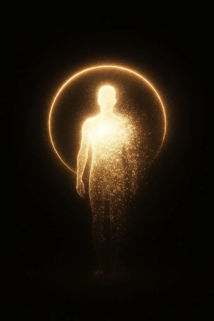 A glowing, golden human figure with a halo-like circle behind its head, made of sparkling particles against a black background.