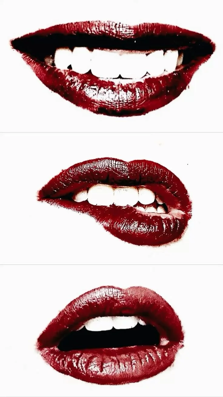 Close-up of three different women's lips with red lipstick, each showing different teeth or tongue positions.